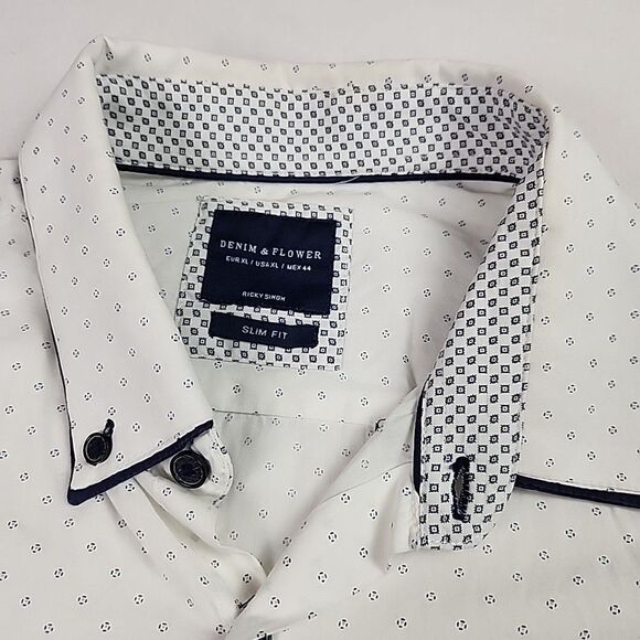 Denim & Flower Ricky Singh Mens White Blue Slim Fit Button Down XL Shirt - Picture 2 of 11